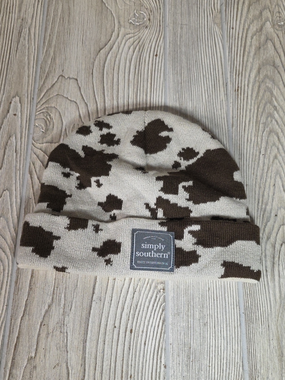 Simply Southern Brown and Cream Cow Print Knit Beanie Winter Hat Adult One Size